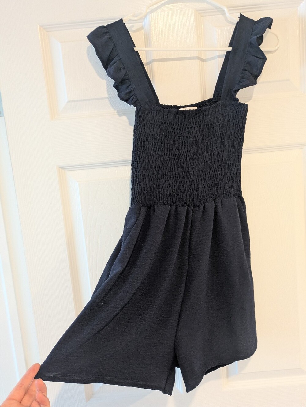 Navy Short Romper With Ruffle Sleeves